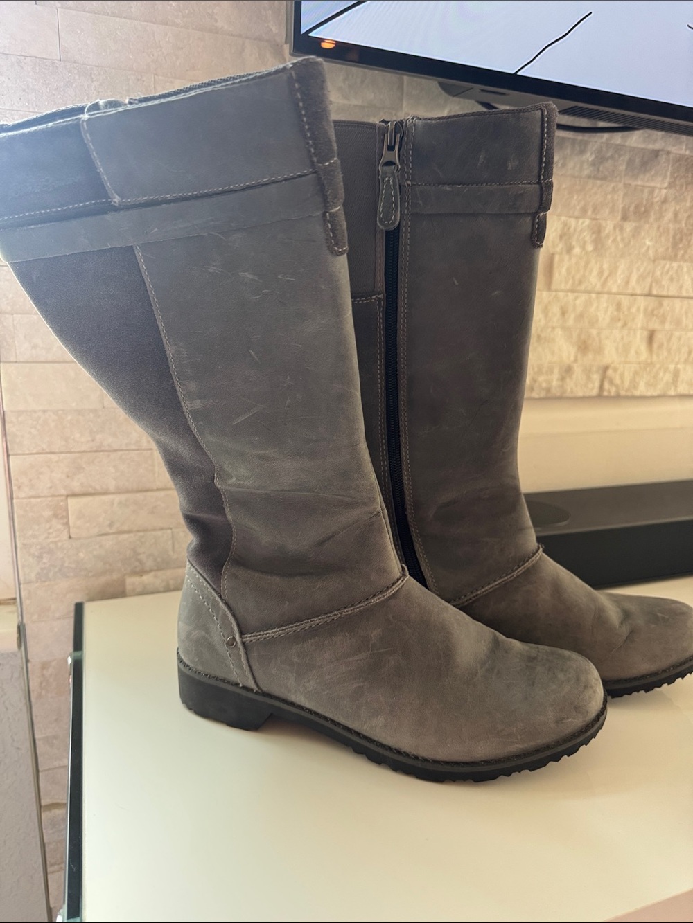 Eddie Bauer Gray Leather Mid-Calf Zip Heeled Boots
